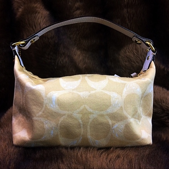 Coach Logo Print Brass Cream Tan Sand Beige White Cloth Fabric Mini Zip Hand Bag - Picture 6 of 8