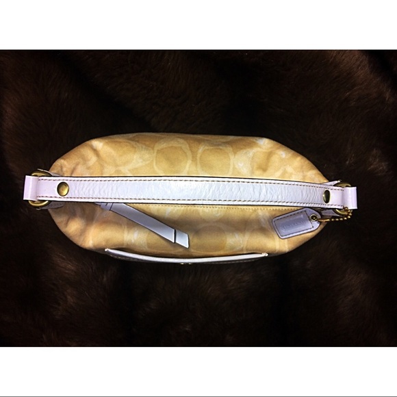 Coach Logo Print Brass Cream Tan Sand Beige White Cloth Fabric Mini Zip Hand Bag - Picture 4 of 8