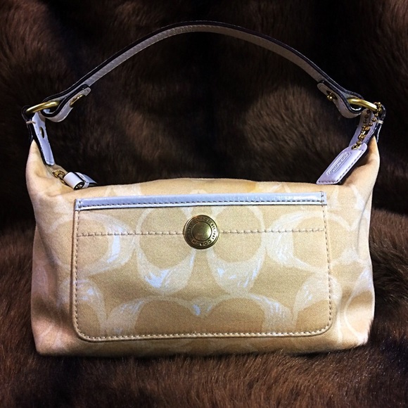 Coach Logo Print Brass Cream Tan Sand Beige White Cloth Fabric Mini Zip Hand Bag - Picture 8 of 8