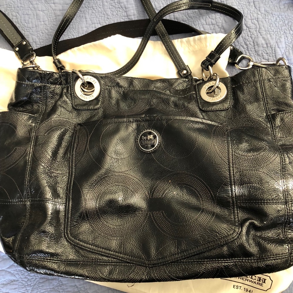 COACH black patent leather diaper bag