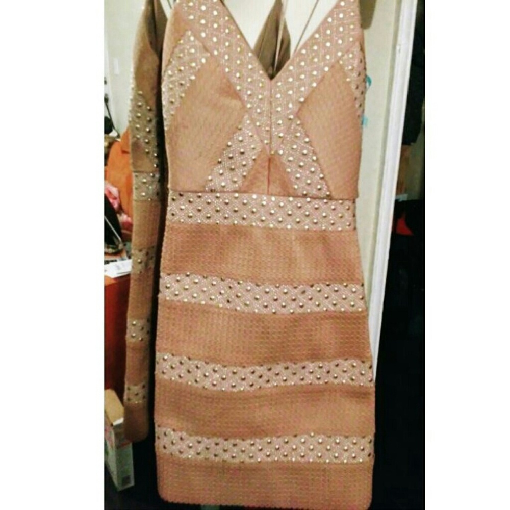 Cream Pink Gold Studded Midi Luxury Dress