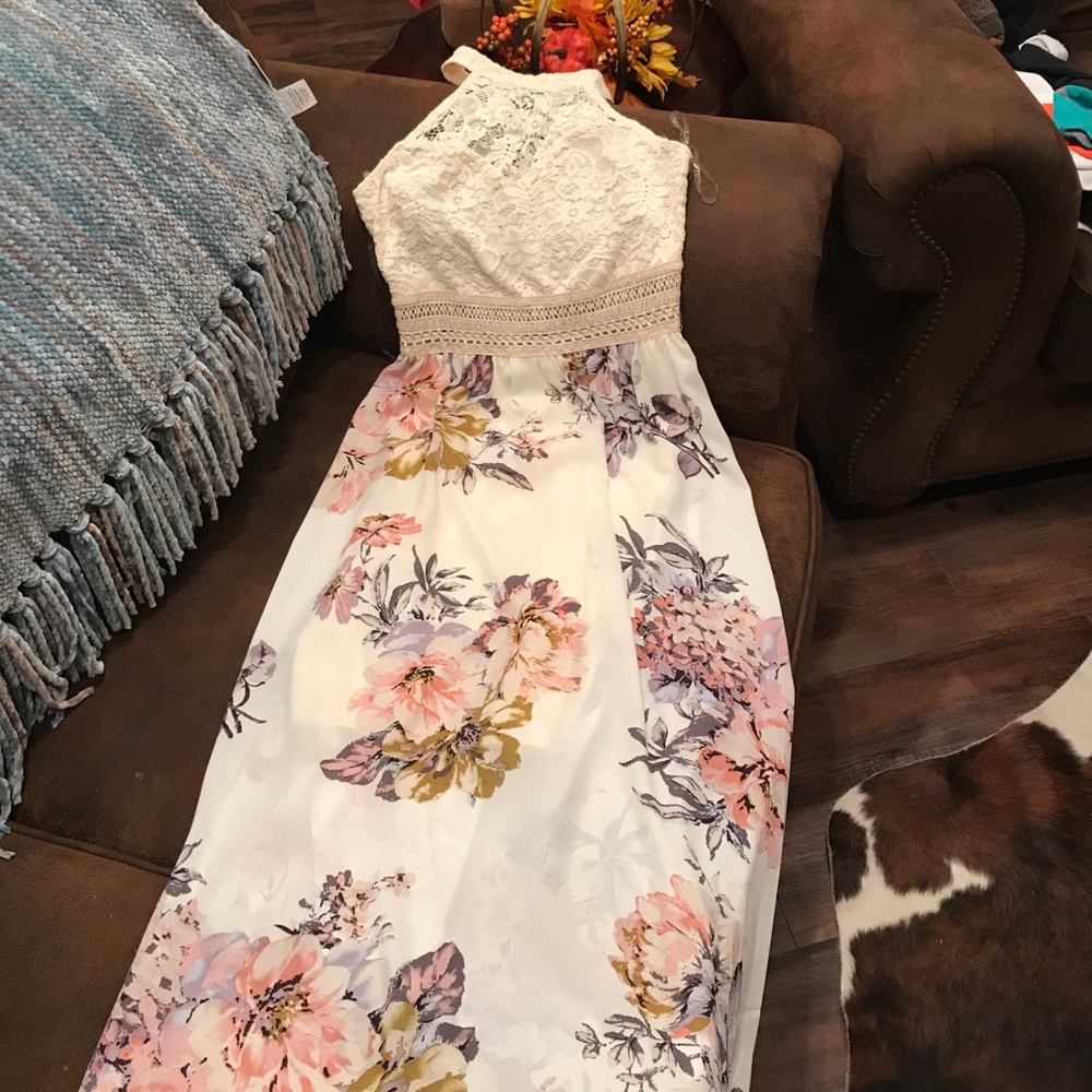 Floral and lace ivory maxi halter dress