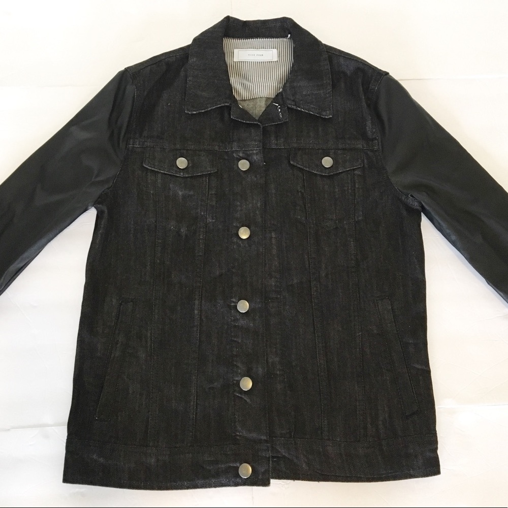 Men's Black Denim Jacket Faux Leather Sleeves Sz S