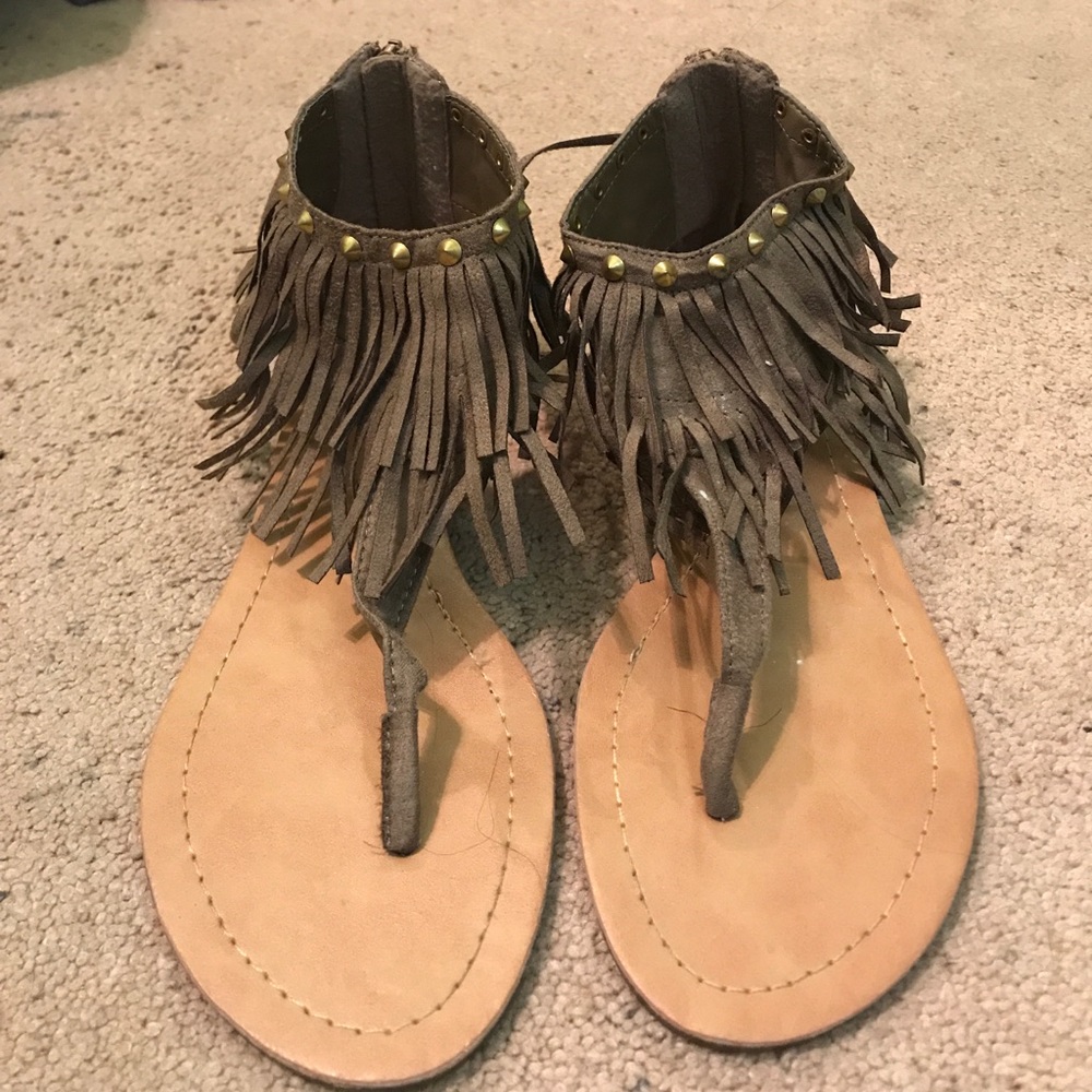 Taupe colored fringe sandals