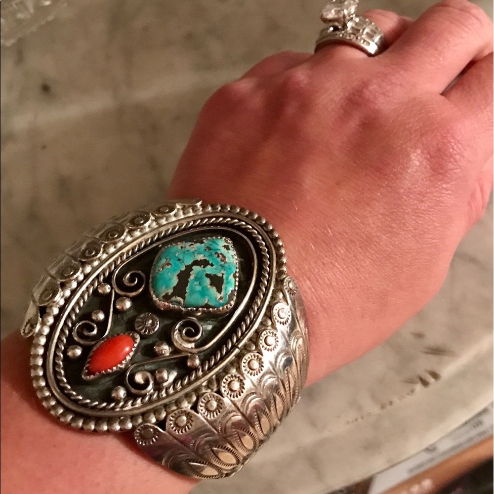 Vintage Sterling Silver & Turquoise Large Cuff