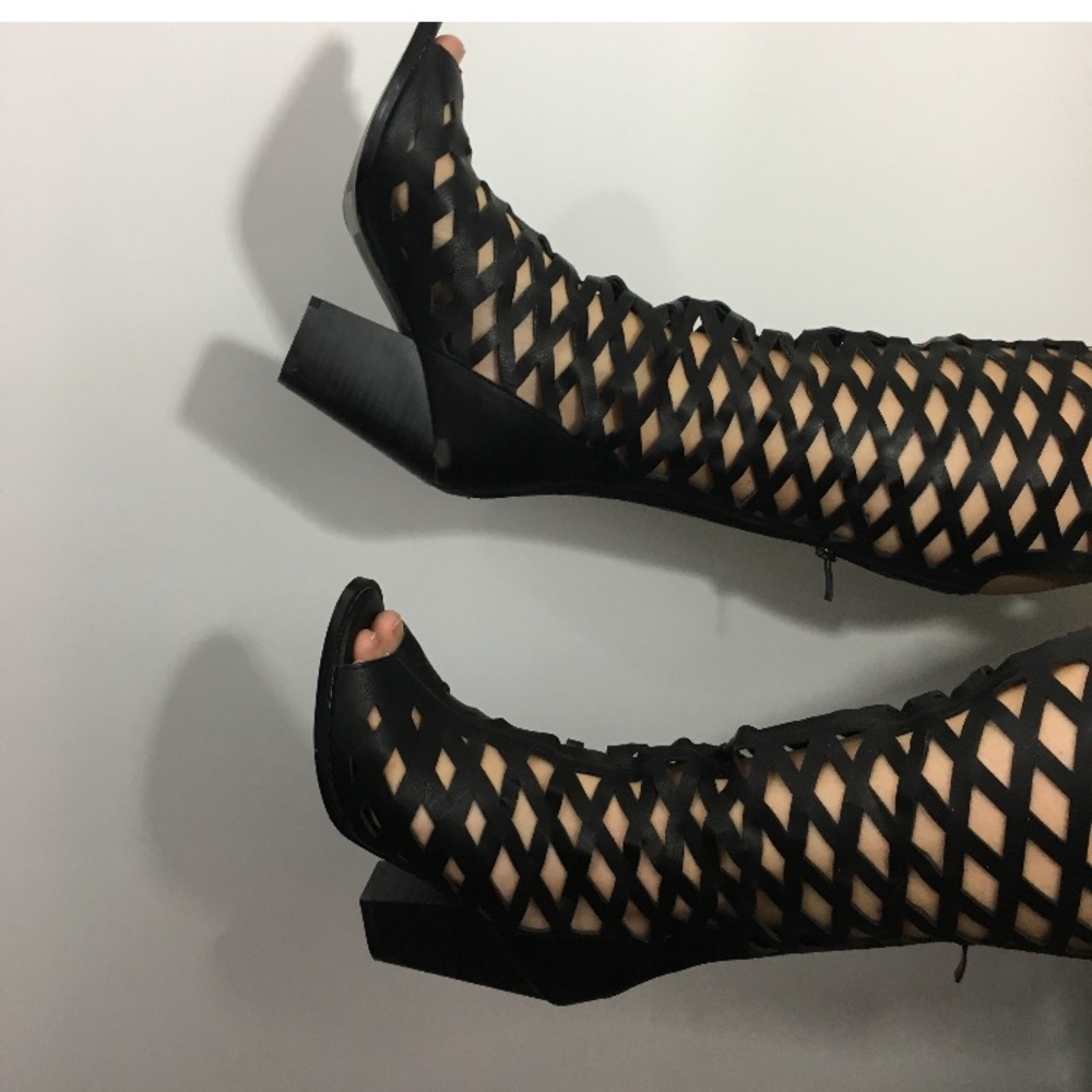 Black peep toe knee high boots