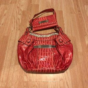 Pink/salmon color guess purse and wallet set