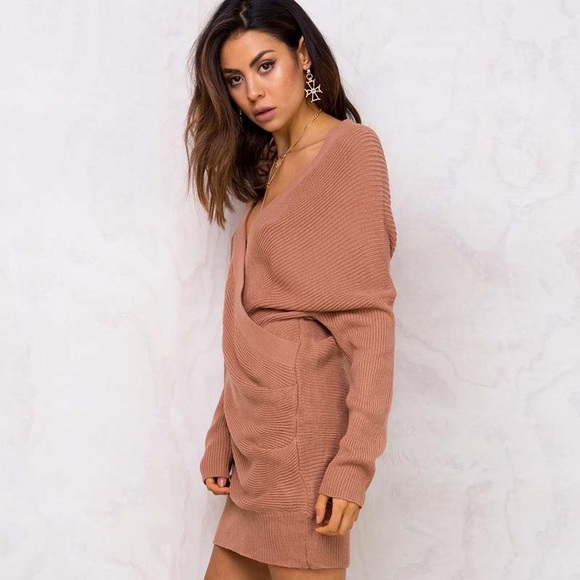 Faux Wrap Cross Front Chunky Knit Sweater Dress - Picture 3 of 6