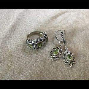 Peridot/ Silver Earrings & Ring. Size 7.