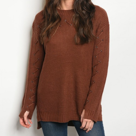 🛑LAST 1🛑BRICK COLORED LACE UP DETAILED SWEATER - Picture 2 of 4