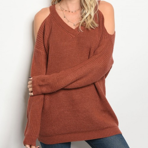 🔴LAST 1🔴 BRICK COLD SHOULDER KNITTED SWEATER - Picture 2 of 4