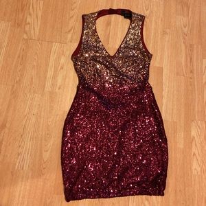 Akira maroon and gold sequin dress