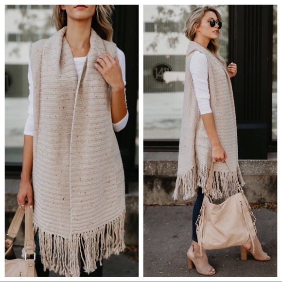 Rumi- Angora oatmeal fringe cardigan vest - Picture 2 of 4