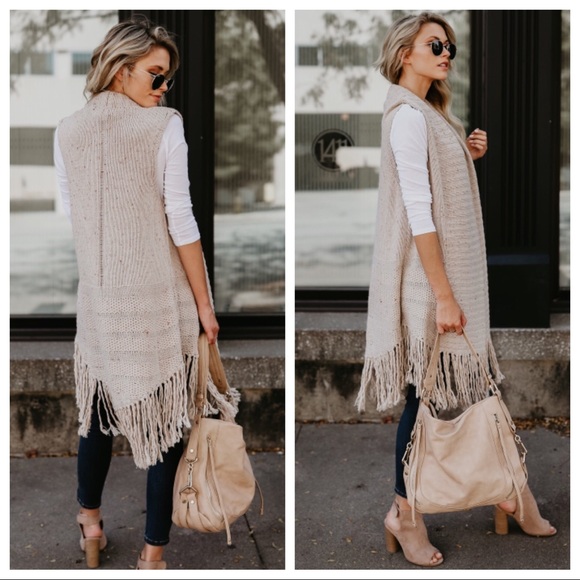 Rumi- Angora oatmeal fringe cardigan vest - Picture 3 of 4