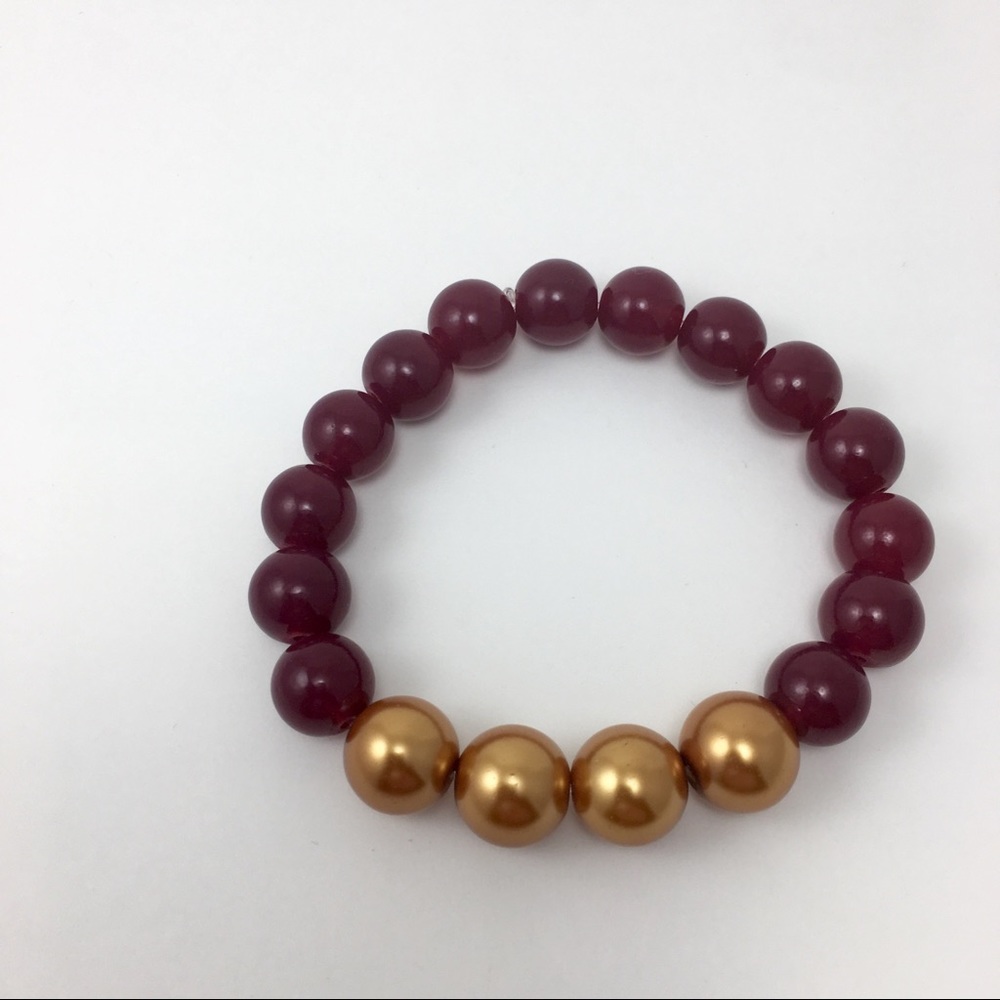 Deep Maroon & Gold Chunky Bead Bracelet Stretchy