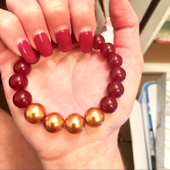Deep Maroon & Gold Chunky Bead Bracelet Stretchy - Picture 2 of 3