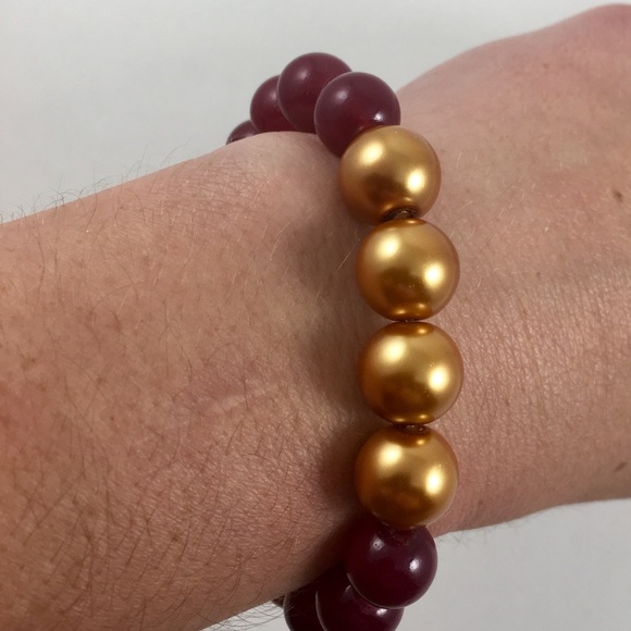 Deep Maroon & Gold Chunky Bead Bracelet Stretchy - Picture 3 of 3
