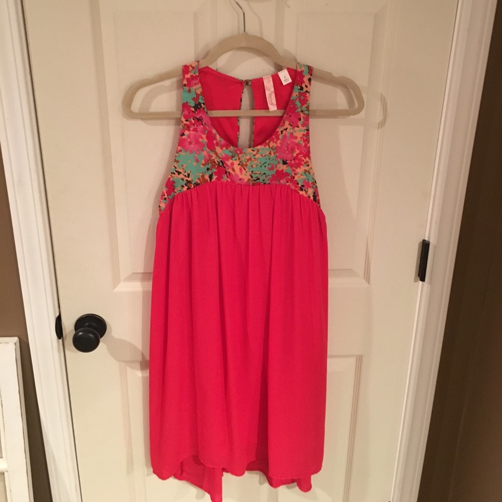 Flower Patterned Neckline Red Shift Dress🌸