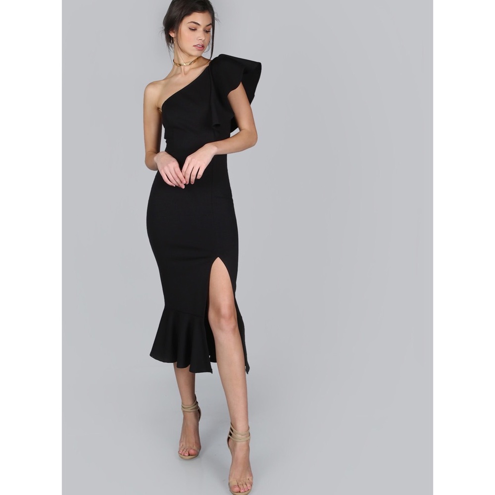 One Shoulder Frill Dress with Side Slit