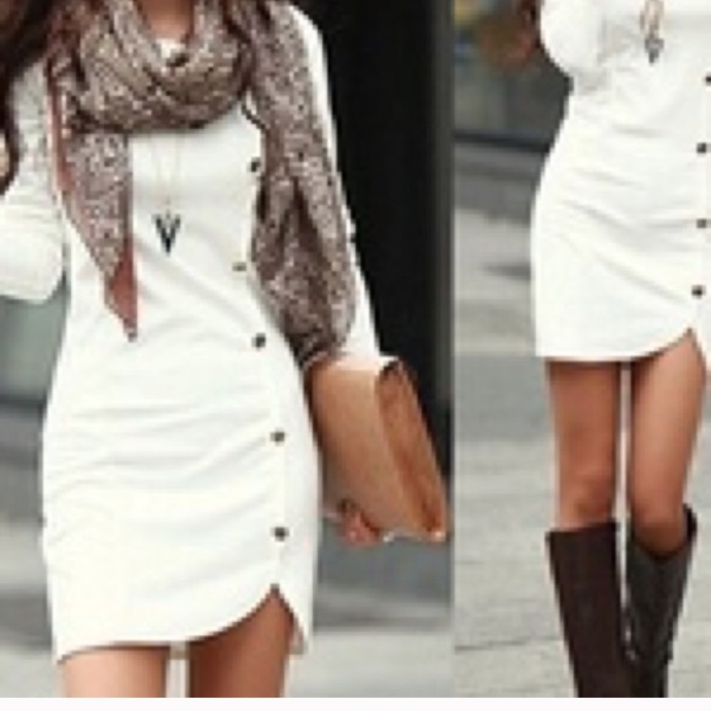 Casual button slim dress with scarf