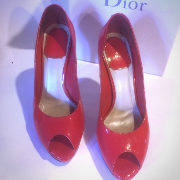 Dior Shoes - FIRE RED CHRISTIAN DIOR PEEP TOE HEELS IN BOX
