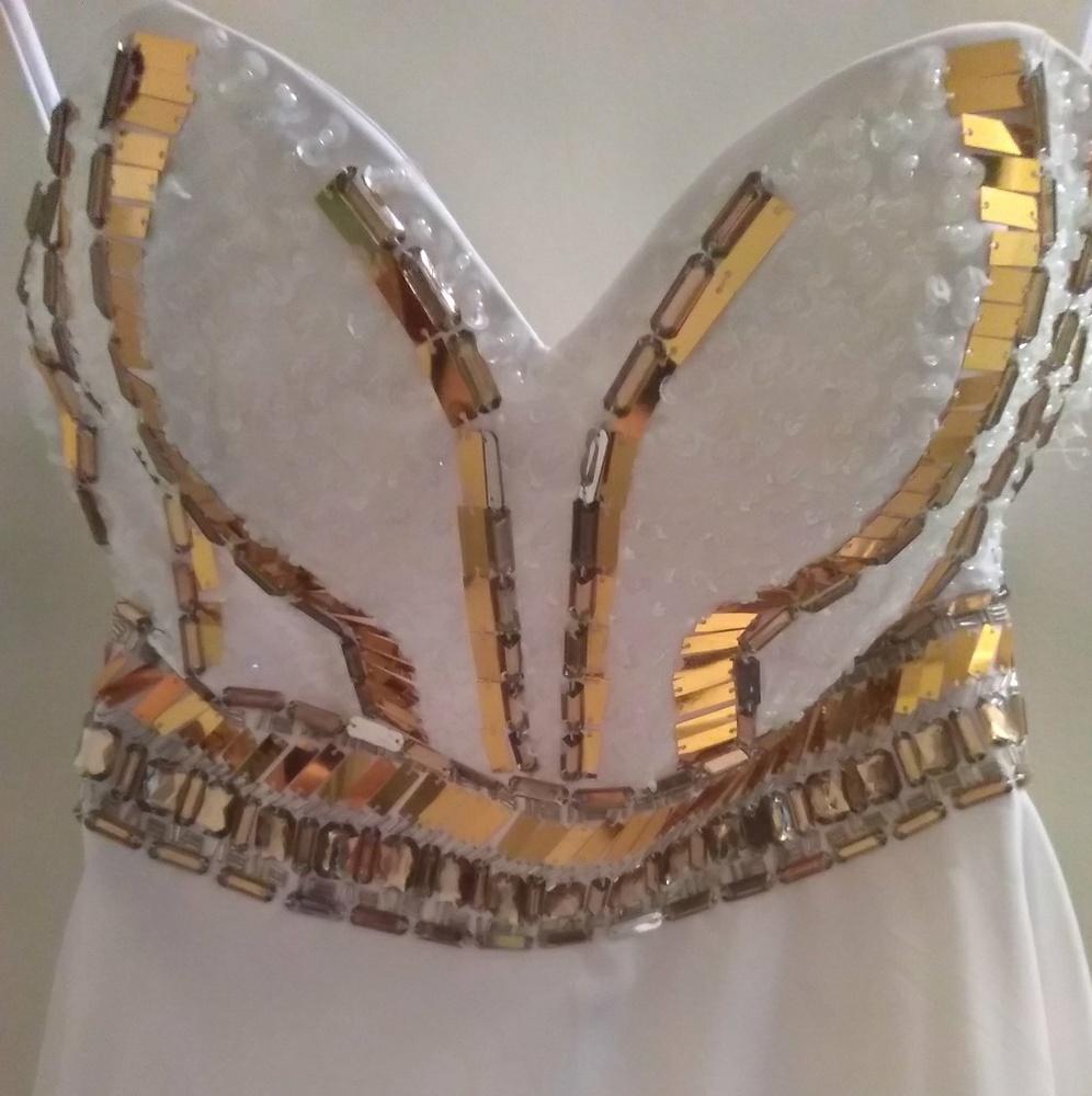 White with gold sequins prom dress