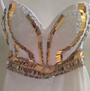 White with gold sequins prom dress