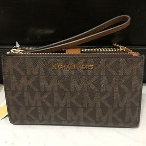 Brand NWT MK Brown Monogram Double-Zip Wristlet