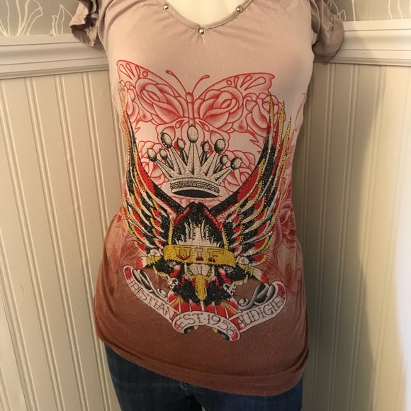 Christian Audigier Tops - Ed hardy Classic Rhinestone  Tee shirt Size Small