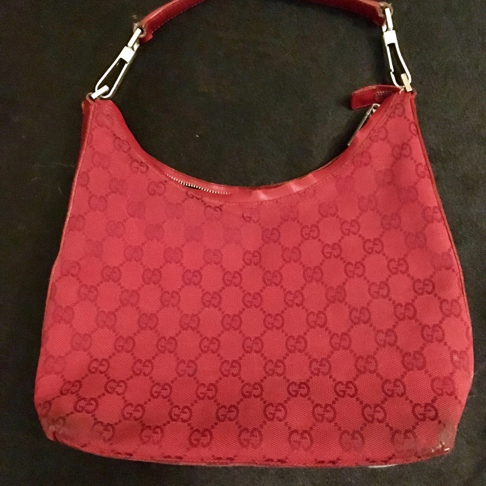 Vintage Authentic Gucci GG Hobo Canvas Red handbag