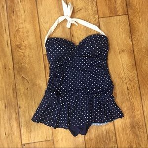 Chaps navy and white polka dot swimsuit size 12