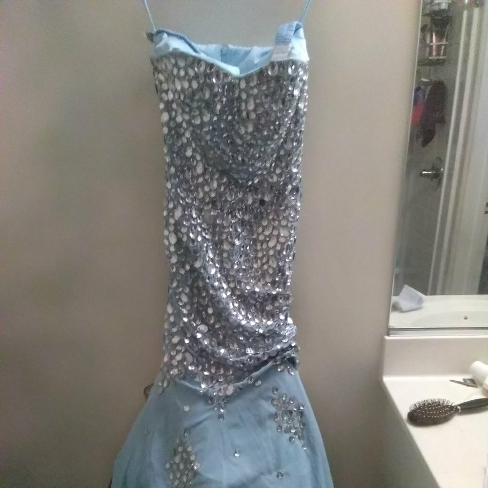 Blue with silver jewels prom dress