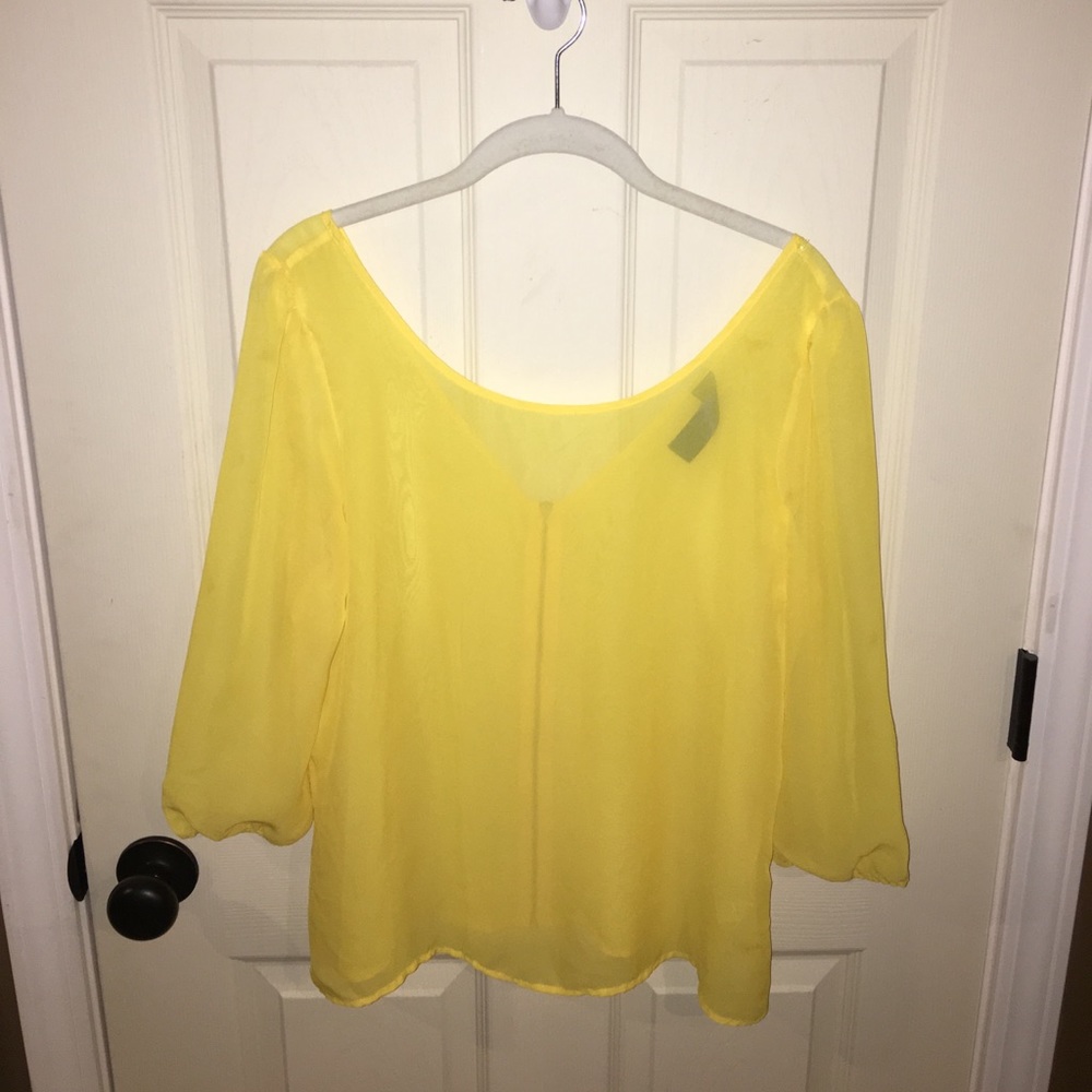 Yellow Swooped Neckline Sheer Blouse