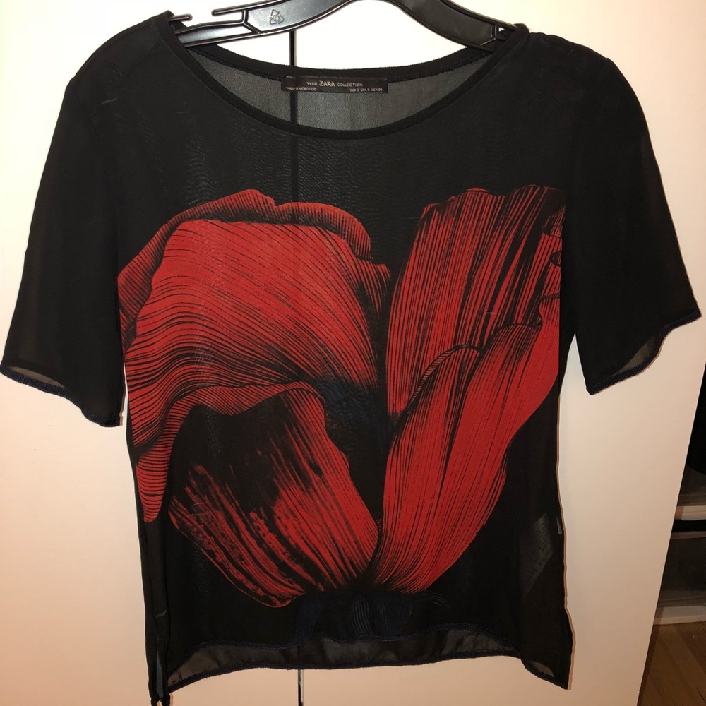 Zara - Black sheer top with red floral design