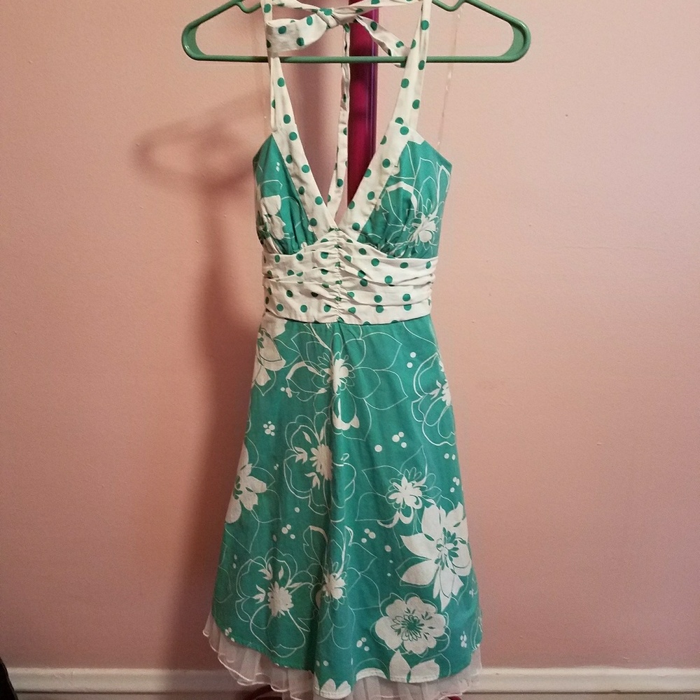 Turquoise floral & polka dot halter dress