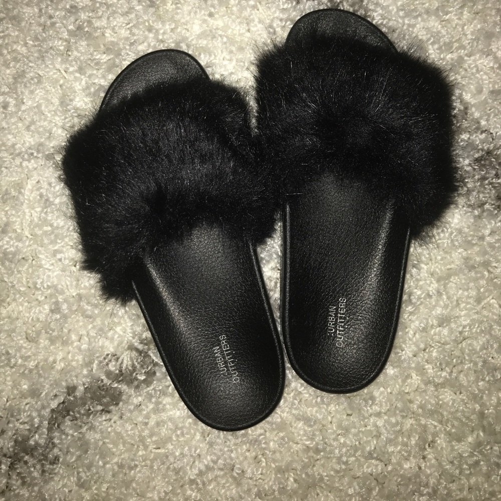 Urban outfitters black fuzzy slides