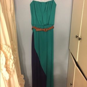NEW strapless, belted maxi dress
