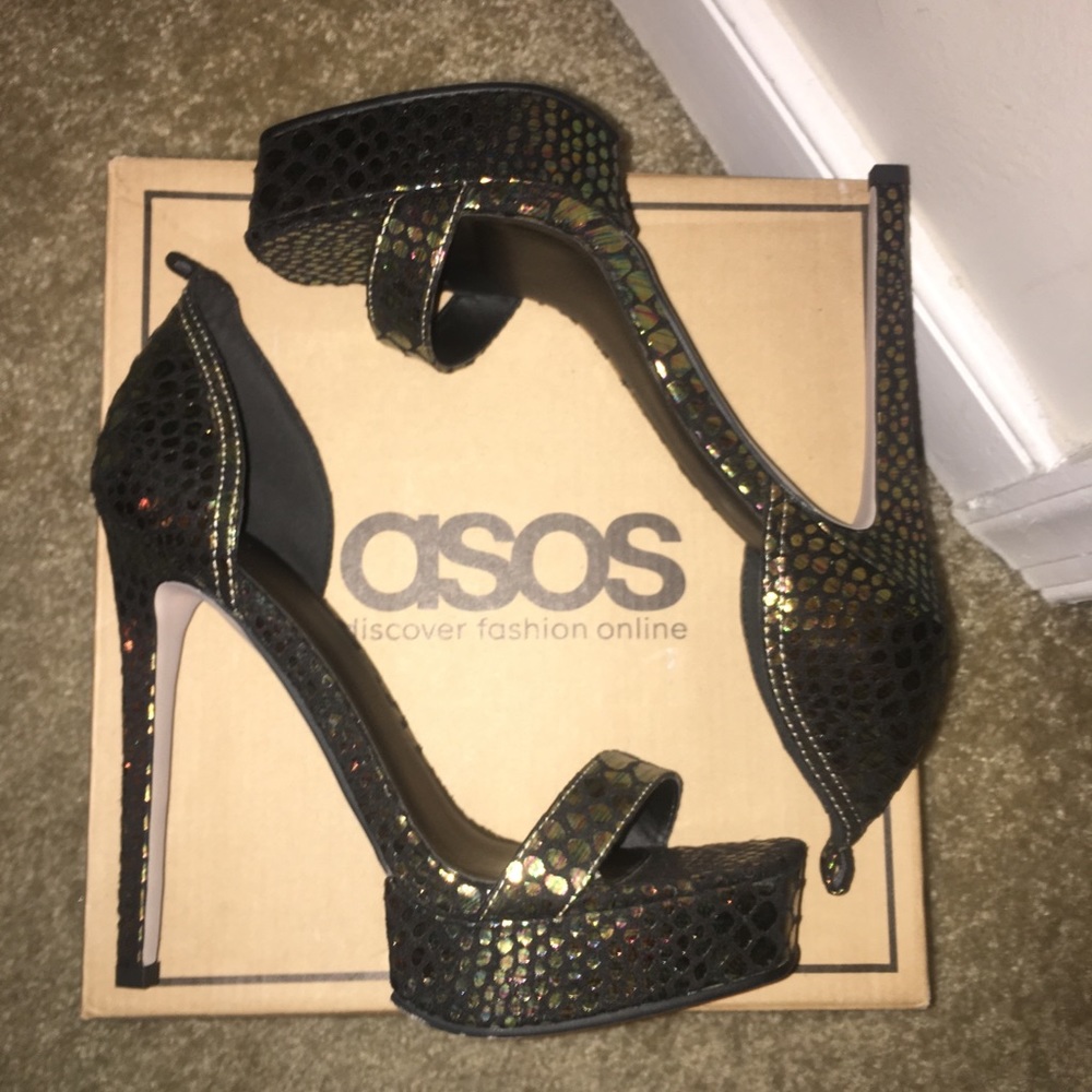 ASOS Petrol Snake Heeled Sandals