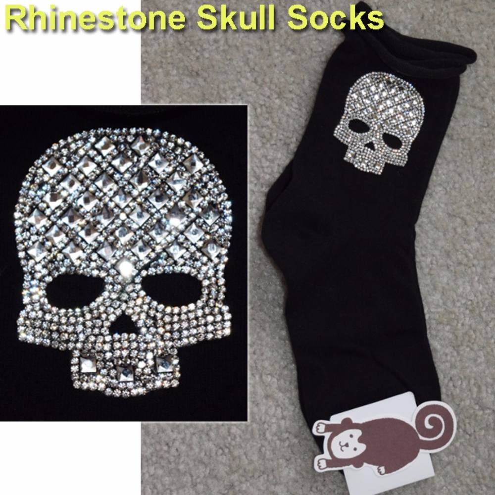 NWT Women's Socks Rhinestone Skull Black goth - Picture 3 of 8