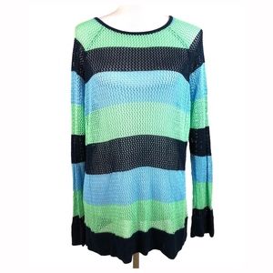 525 America Sweater Top Open Knit Blue Green