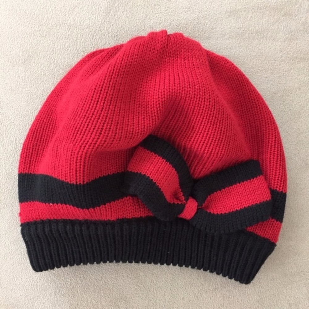 Red & Black Striped Beanie with Bow