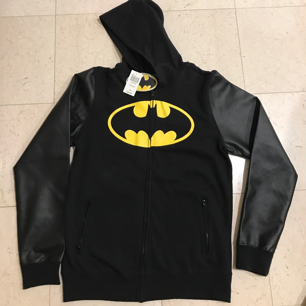 Batman zip up Hoody with black leather sleeves.