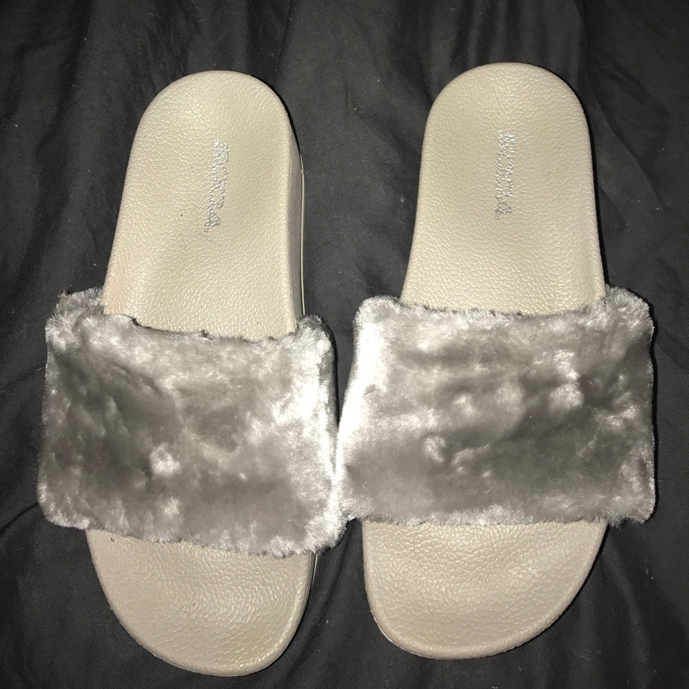 Platform fuzzy slip on sandals