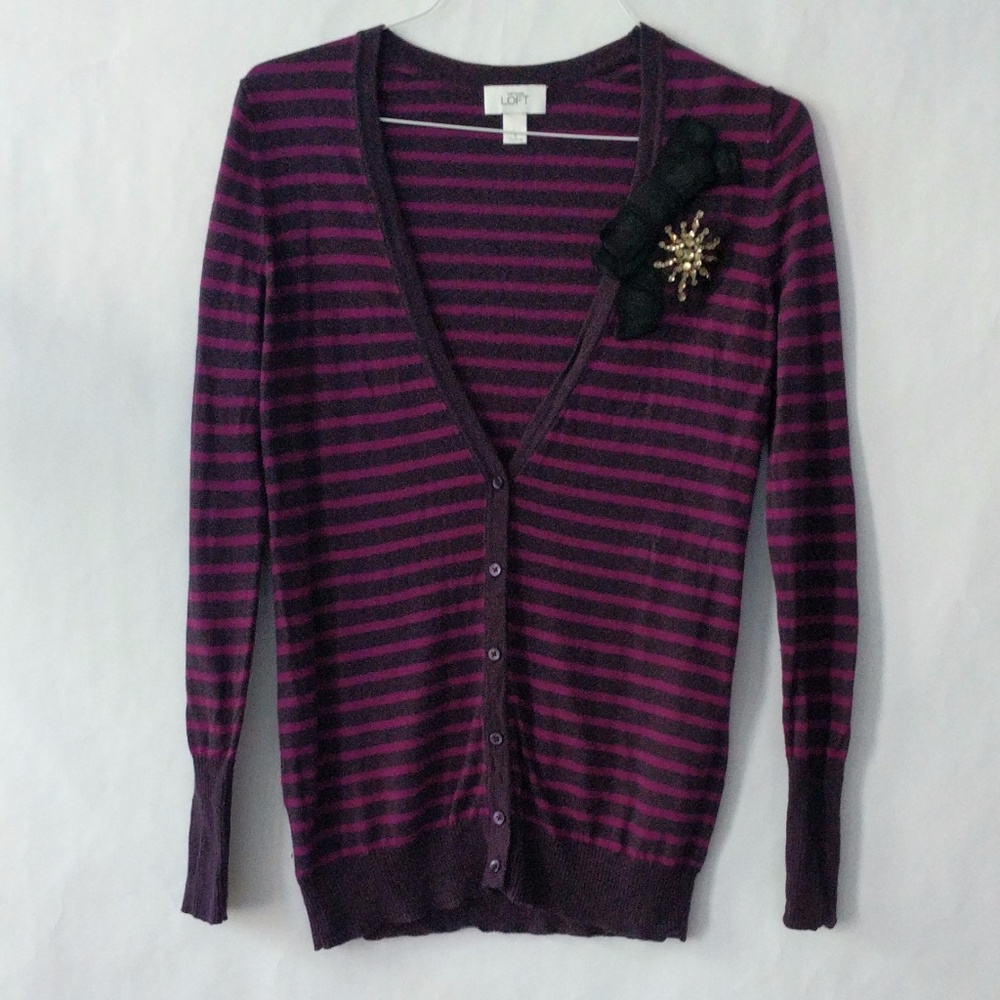 Loft Gemstone Bow Stripe Button Front Cardigan