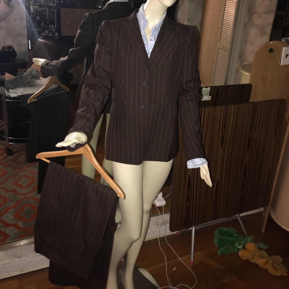 6267 wool brown pinstripes tailored 2pc pantsuit