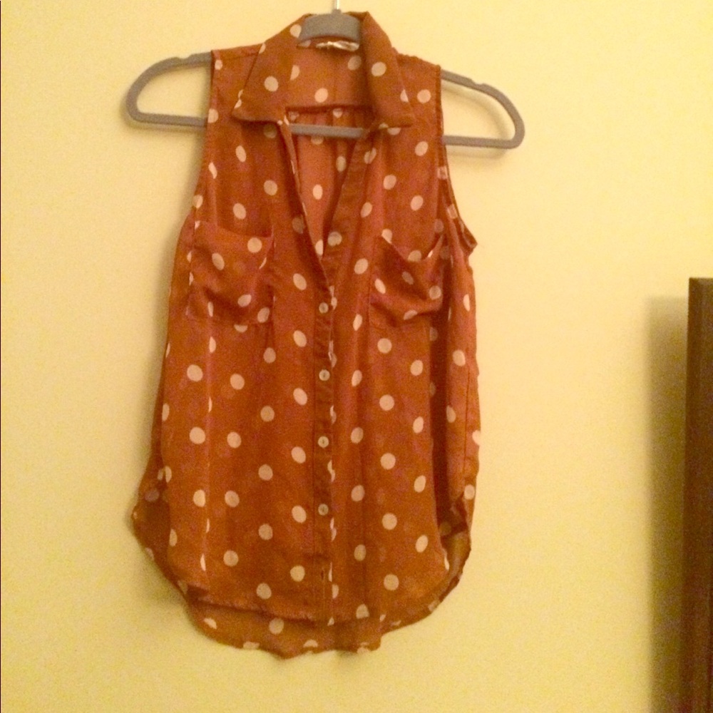 Brown polka dot sleeveless blouse
