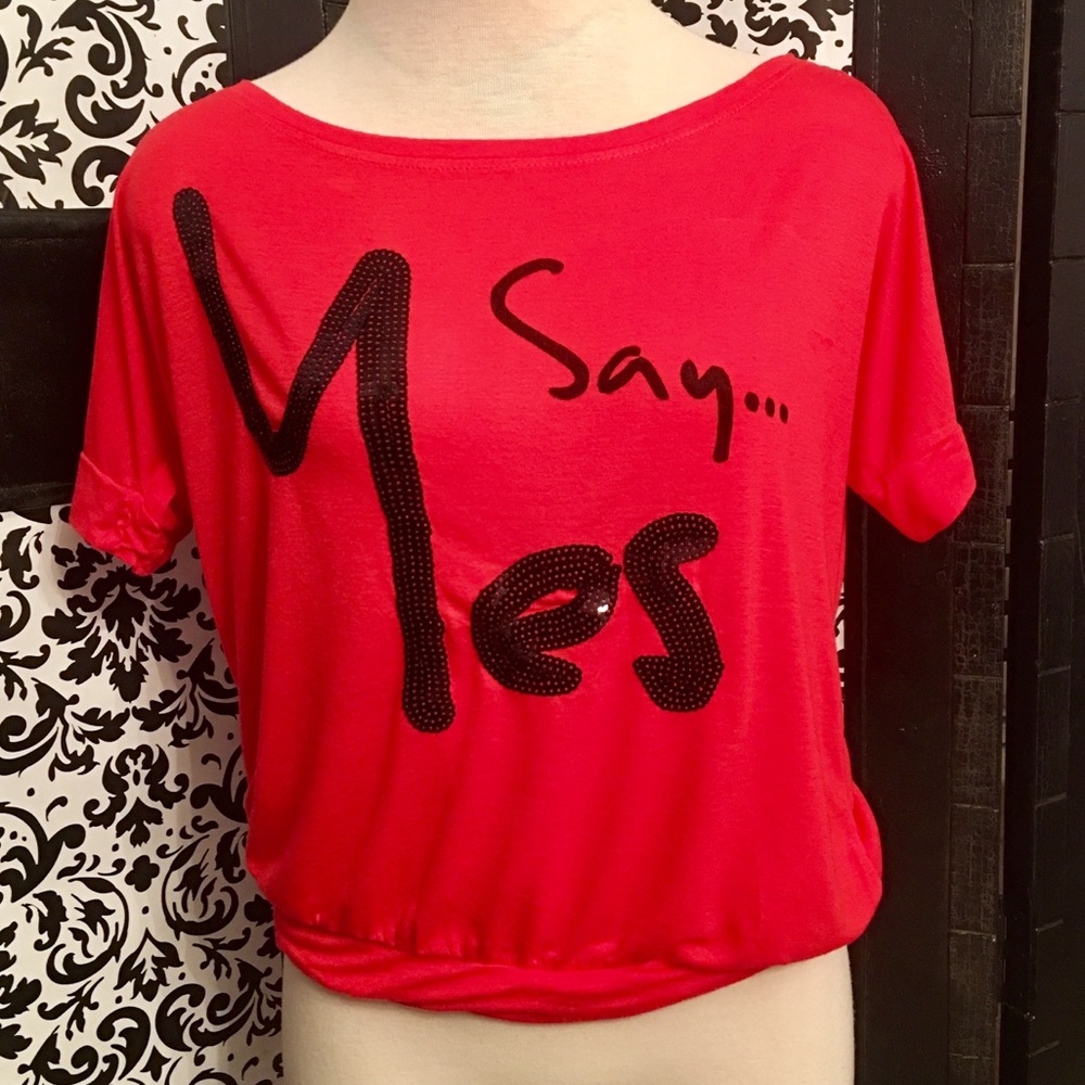 Dark Coral “Say Yes” Top with Black Sequins