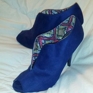 Blue suede slip on open toed booties