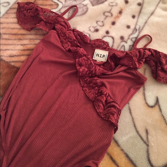 H.I.P. Rust pink/red Lace Ruffle Rib Bodysuit - Picture 2 of 5