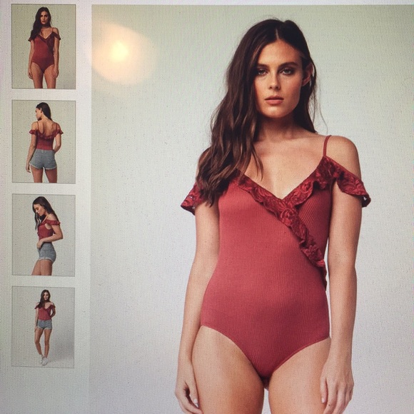 H.I.P. Rust pink/red Lace Ruffle Rib Bodysuit - Picture 3 of 5